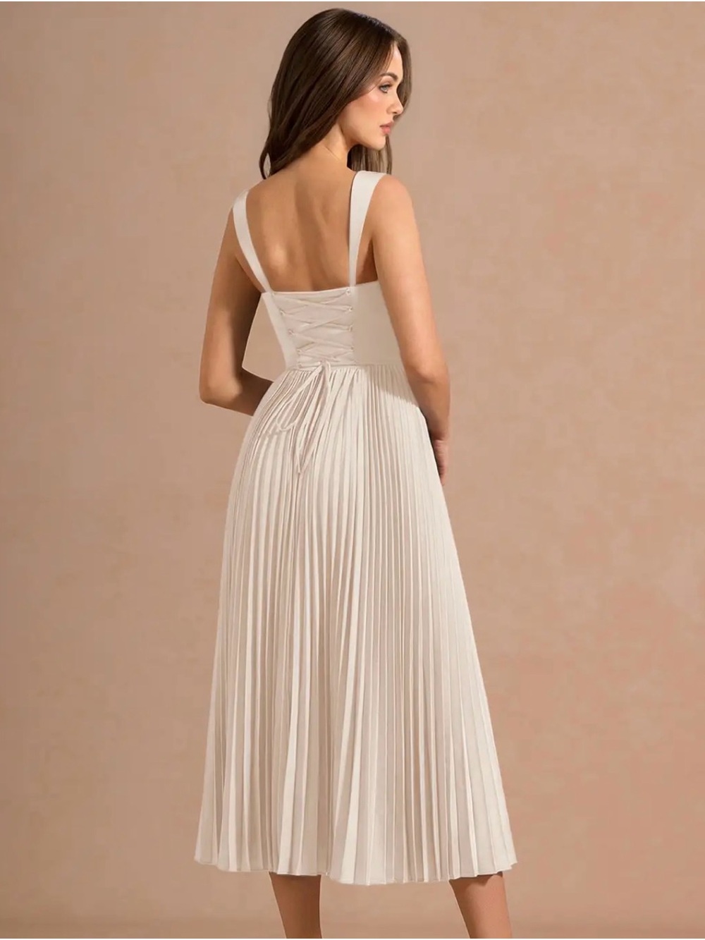 Azazie Cream Pleated Maxi Dress with Corset & Structured Bodice - Picture 2 of 6